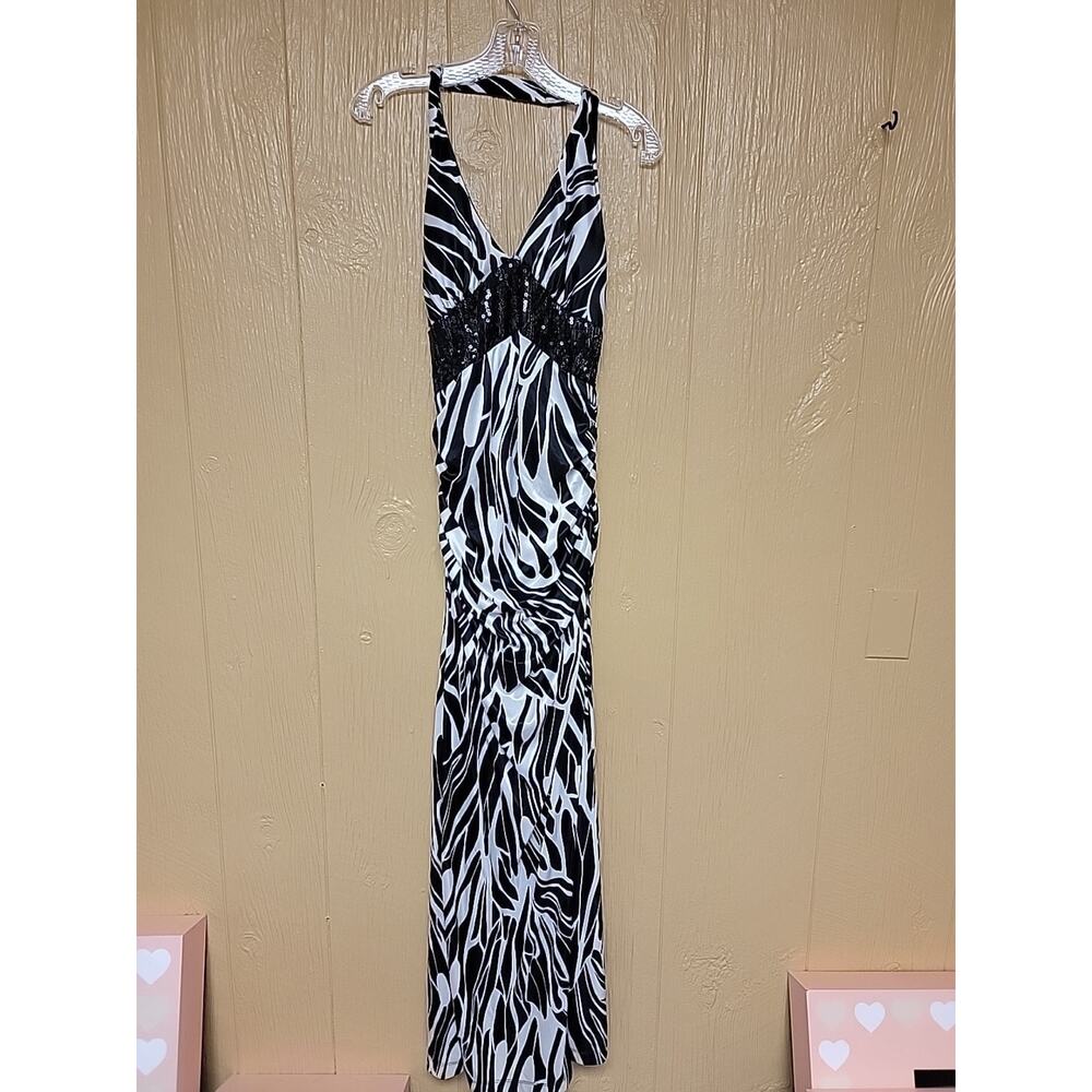 Sequin Hearts Maxi Dress Halter Form Fit Slit Zebra Print Black & White sz 3 Lin